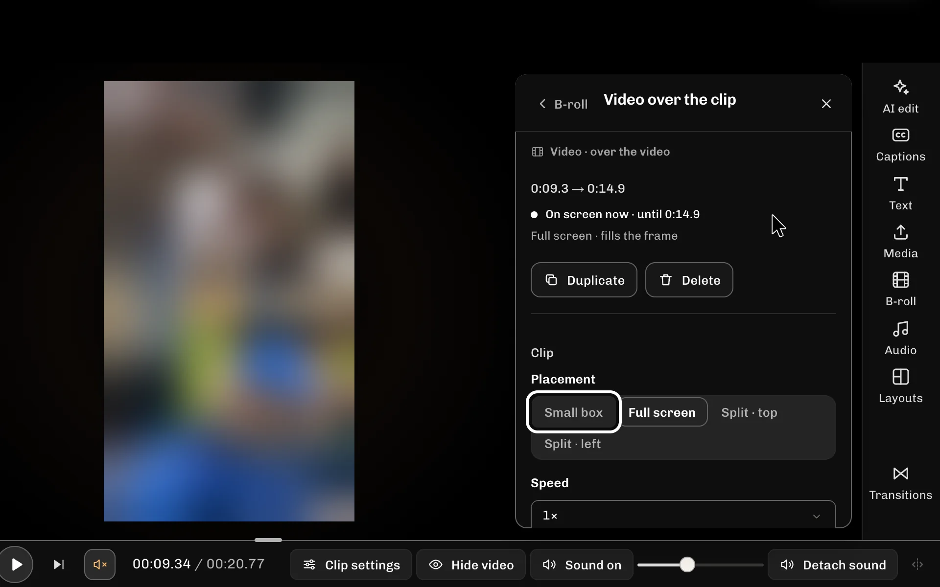 ReelFyre Editor, step 4: Select Small box under Placement to show the B-roll as a box over your clip.