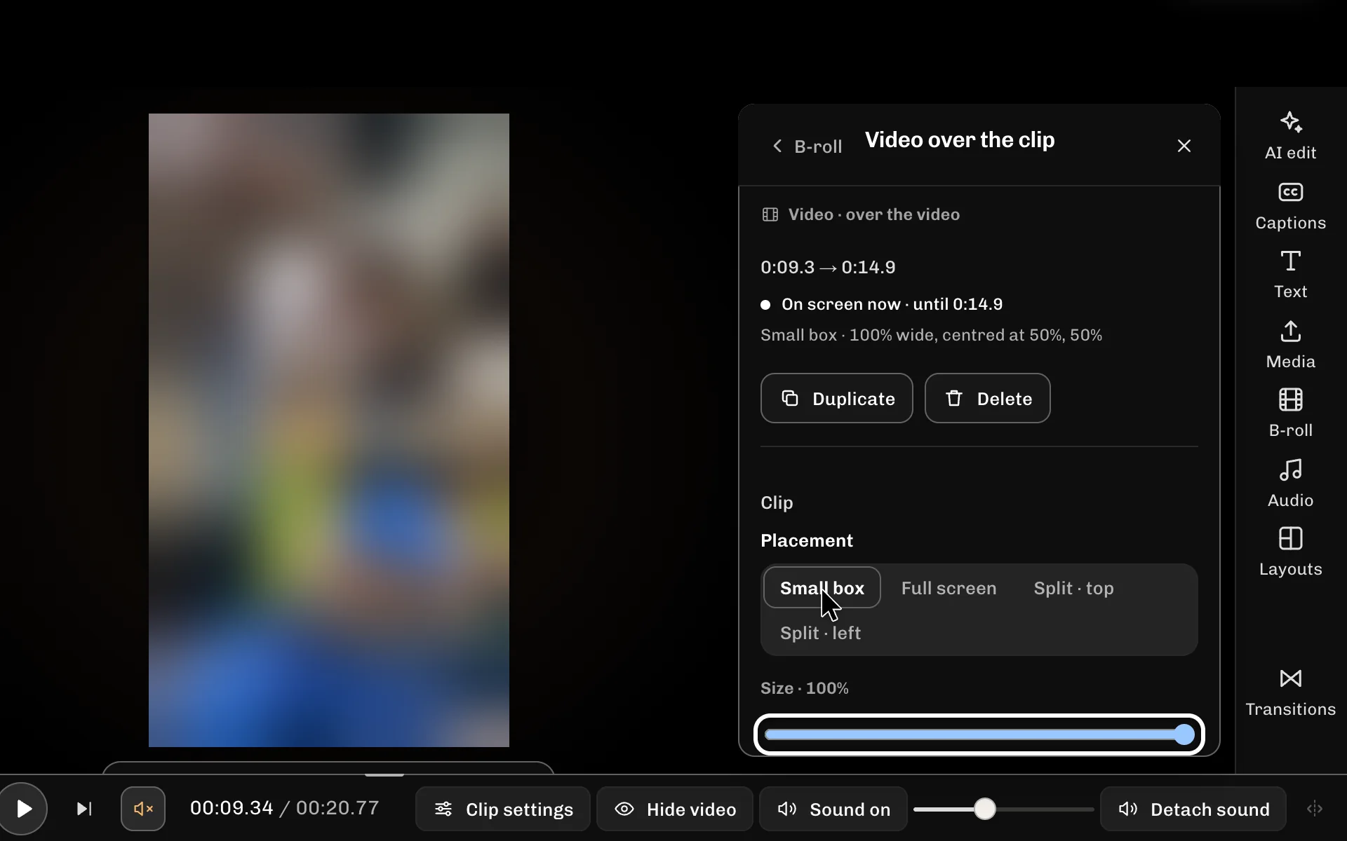 ReelFyre Editor, step 5: Drag the Size slider to the left to make the box smaller.
