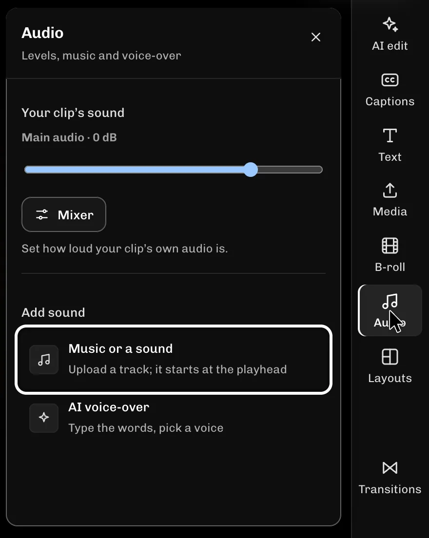ReelFyre Editor, step 2: Select Music or a sound to add a track at the playhead.