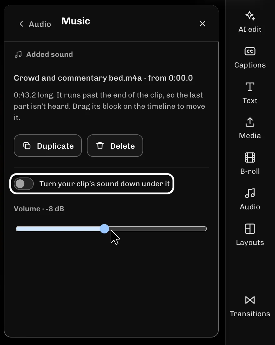 ReelFyre Editor, step 3: Switch on Turn your clip’s sound down under it so your voice stays clear.