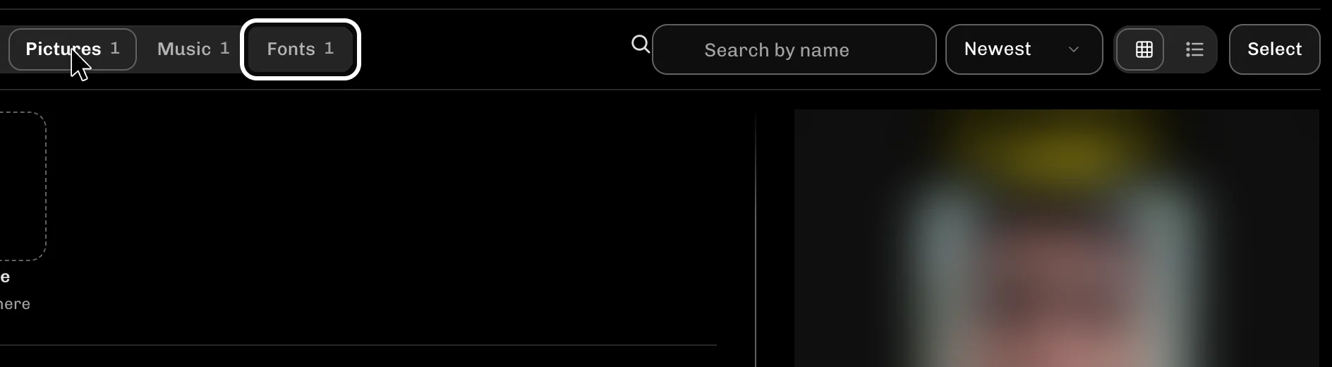ReelFyre Media assets, step 4: Select Fonts to see the fonts you can use on titles.