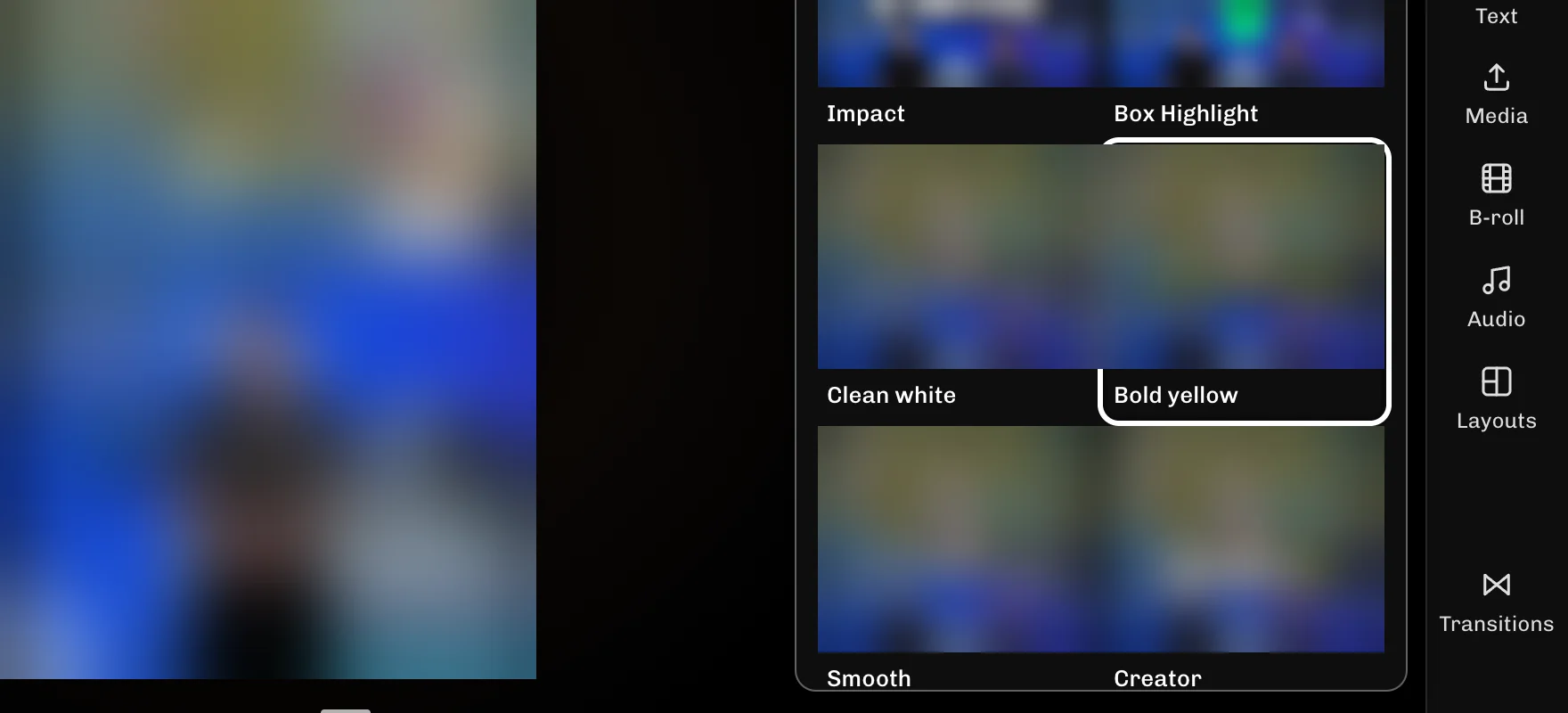 ReelFyre Editor, step 2: Select Bold yellow to try that style on your words.