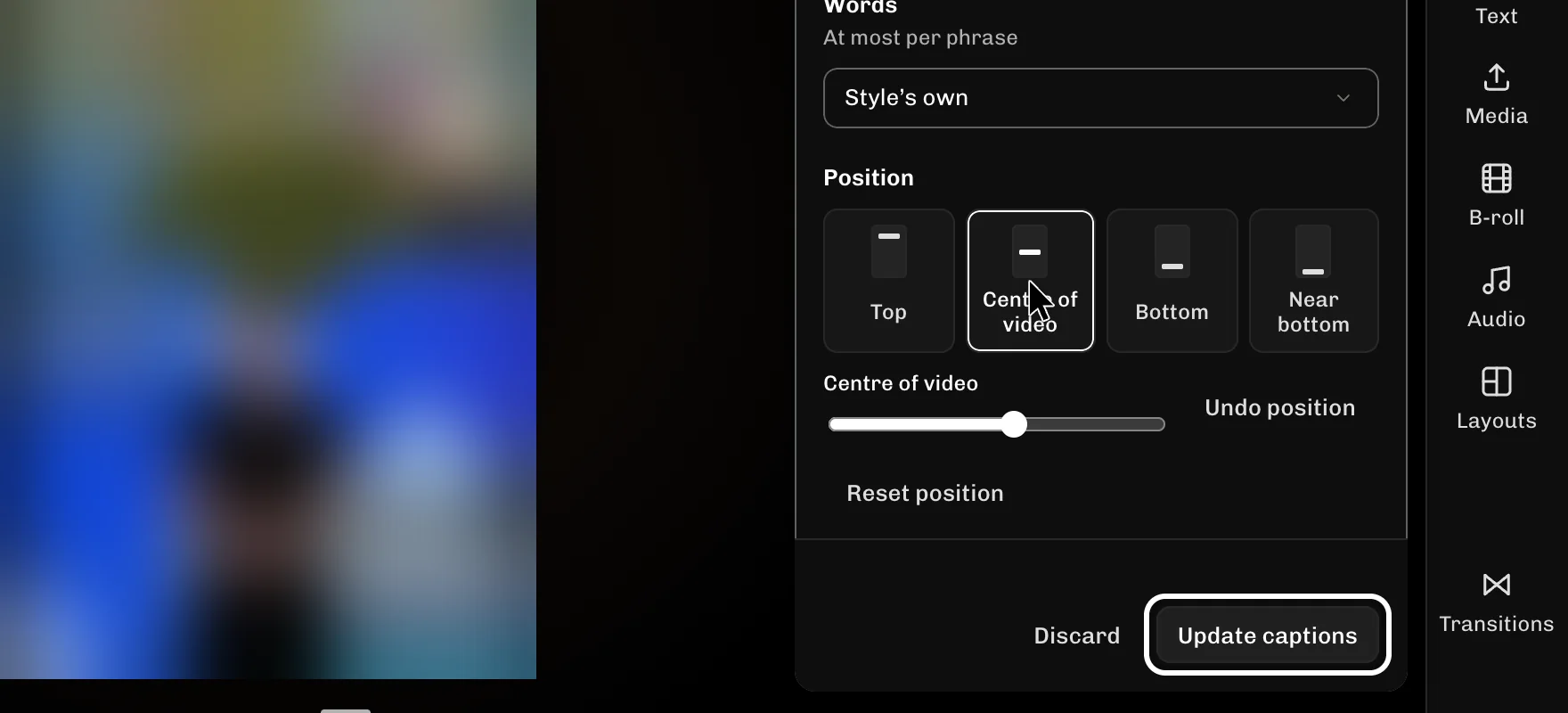 ReelFyre Editor, step 5: Select Update captions to apply the new look to your clip.