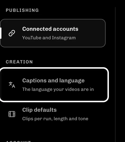 ReelFyre Settings, step 1: In Settings, select Captions and language.