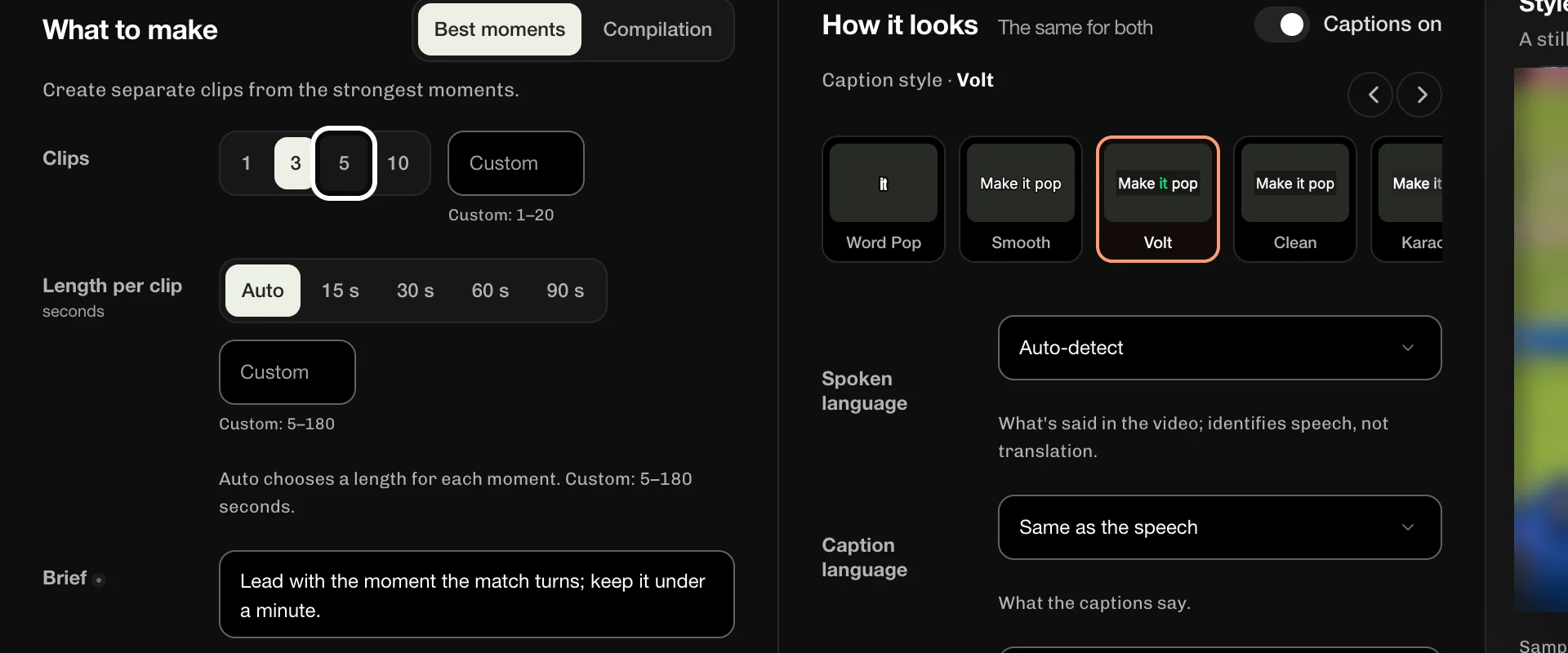 ReelFyre Home, step 1: In the Clips row, select 5 to get five clips from your video.