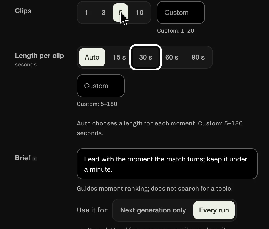 Length per clip me 30 s