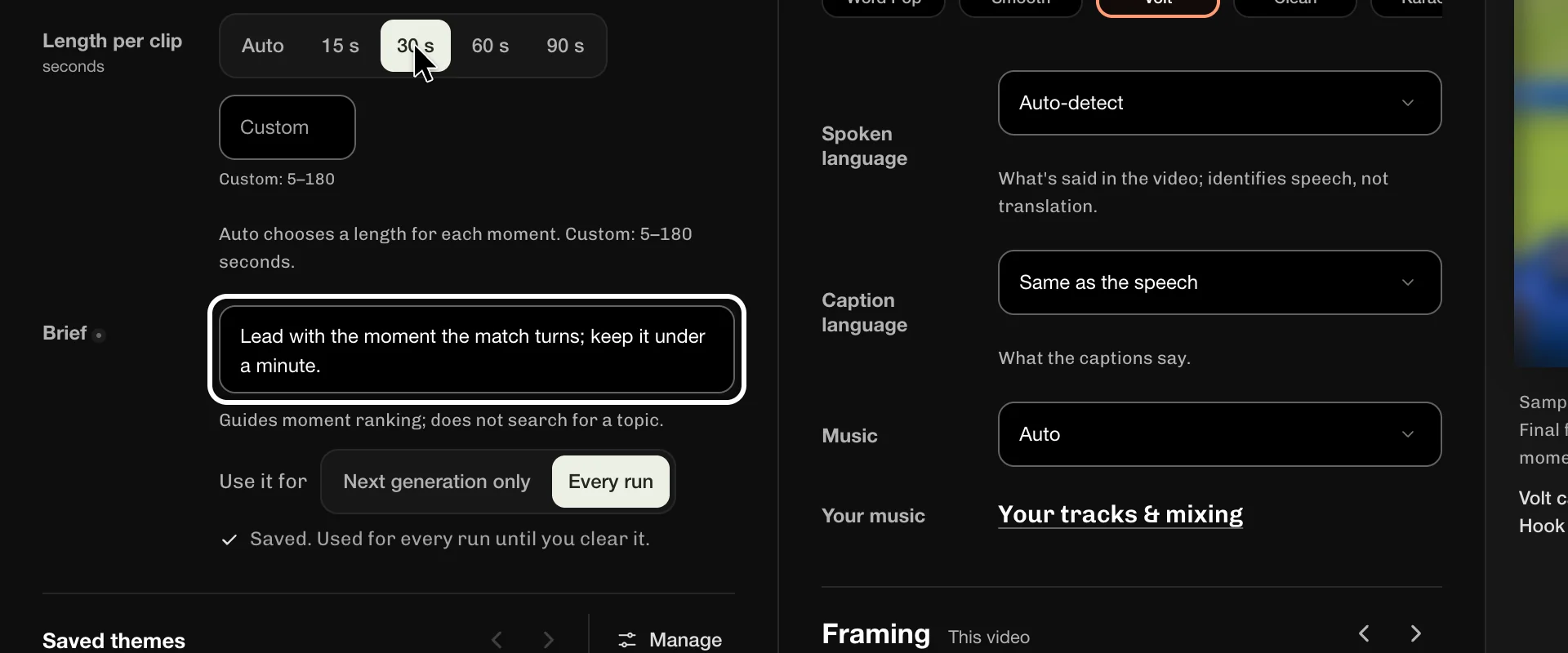ReelFyre Home, step 3: In Clip brief, optional, enter what the clips should focus on.