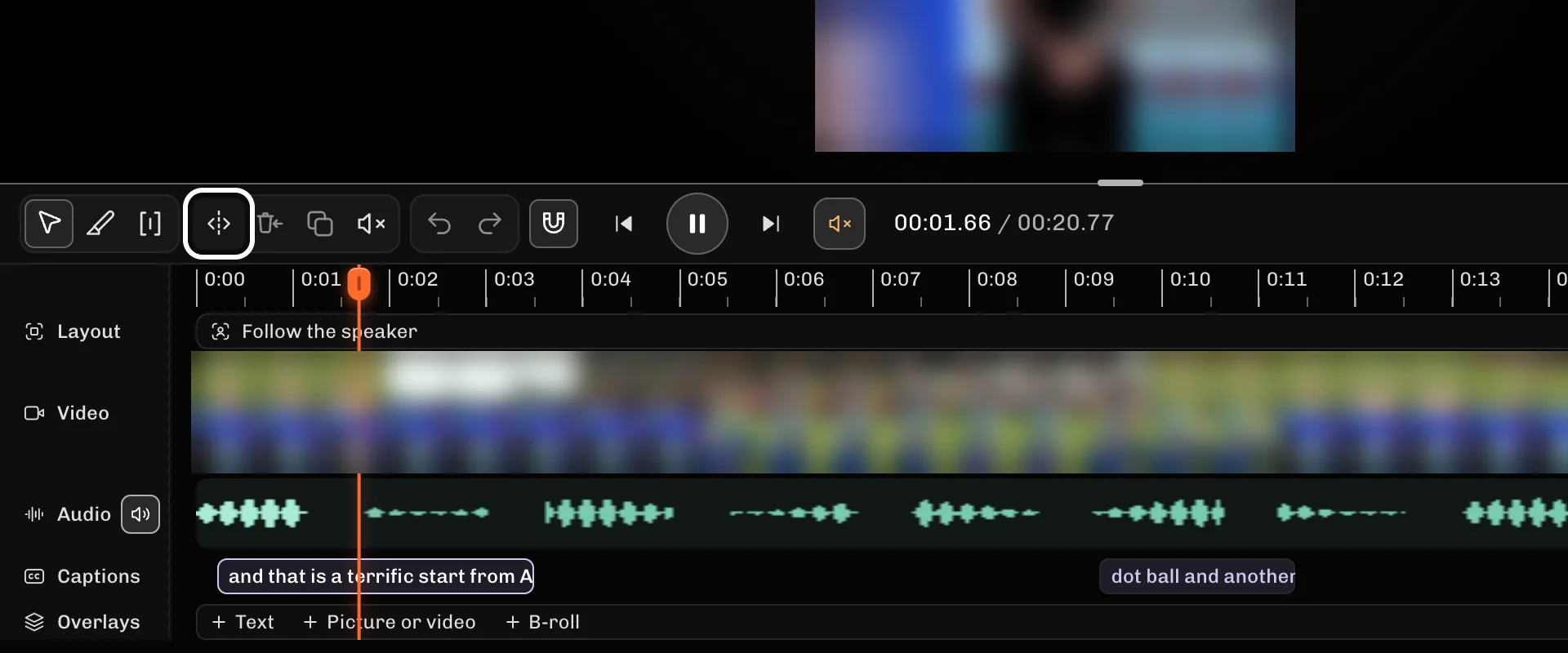 ReelFyre Editor, step 2: Where the part you don't want begins, press Split at the playhead (S).
