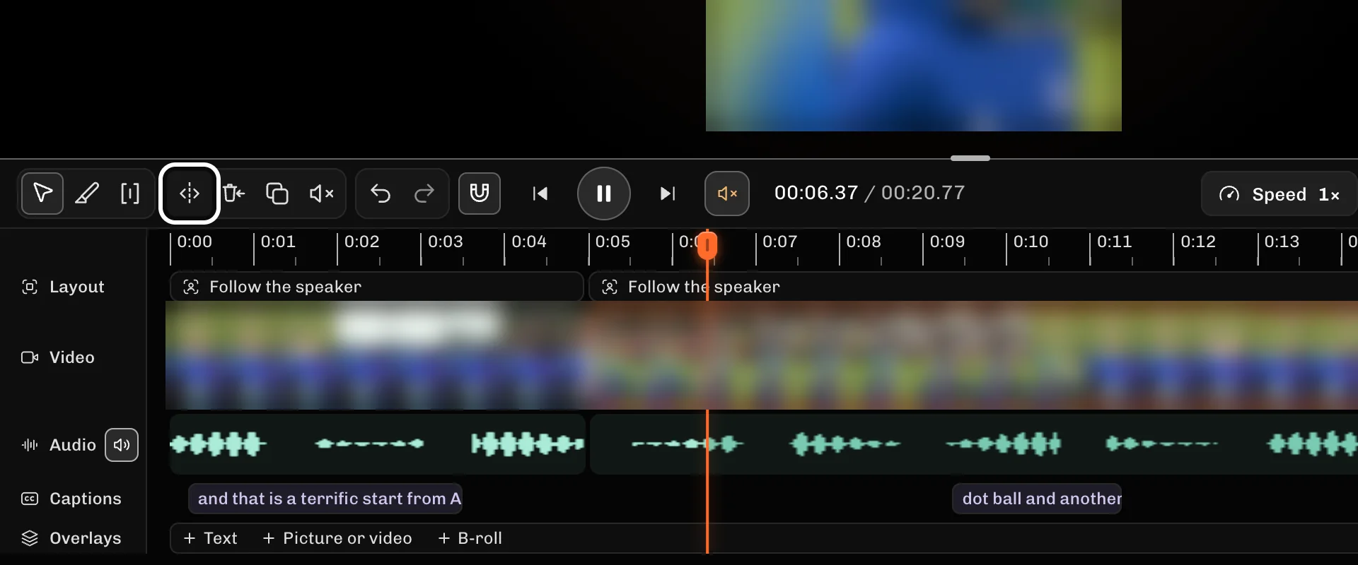 ReelFyre Editor, step 3: Where that part ends, press Split at the playhead (S) again.