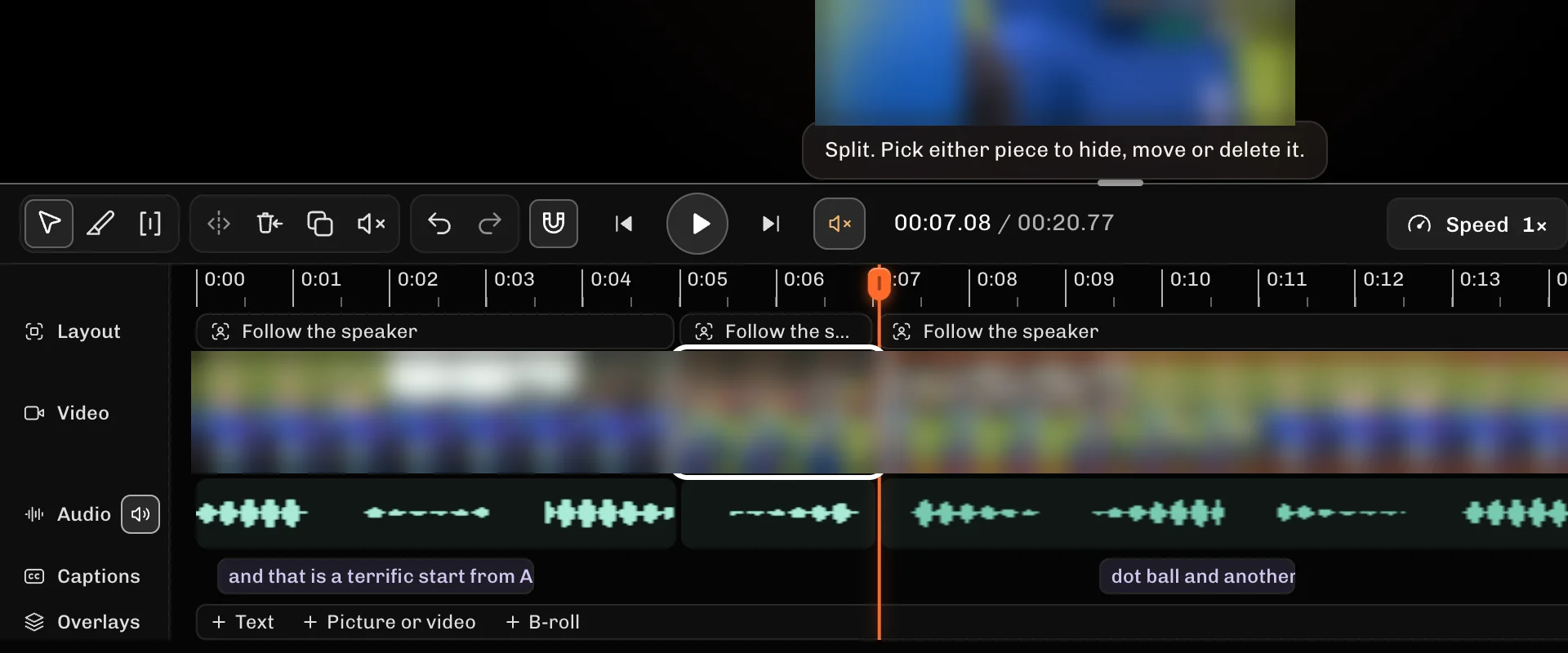 ReelFyre Editor, step 4: Select the piece between your two cuts.