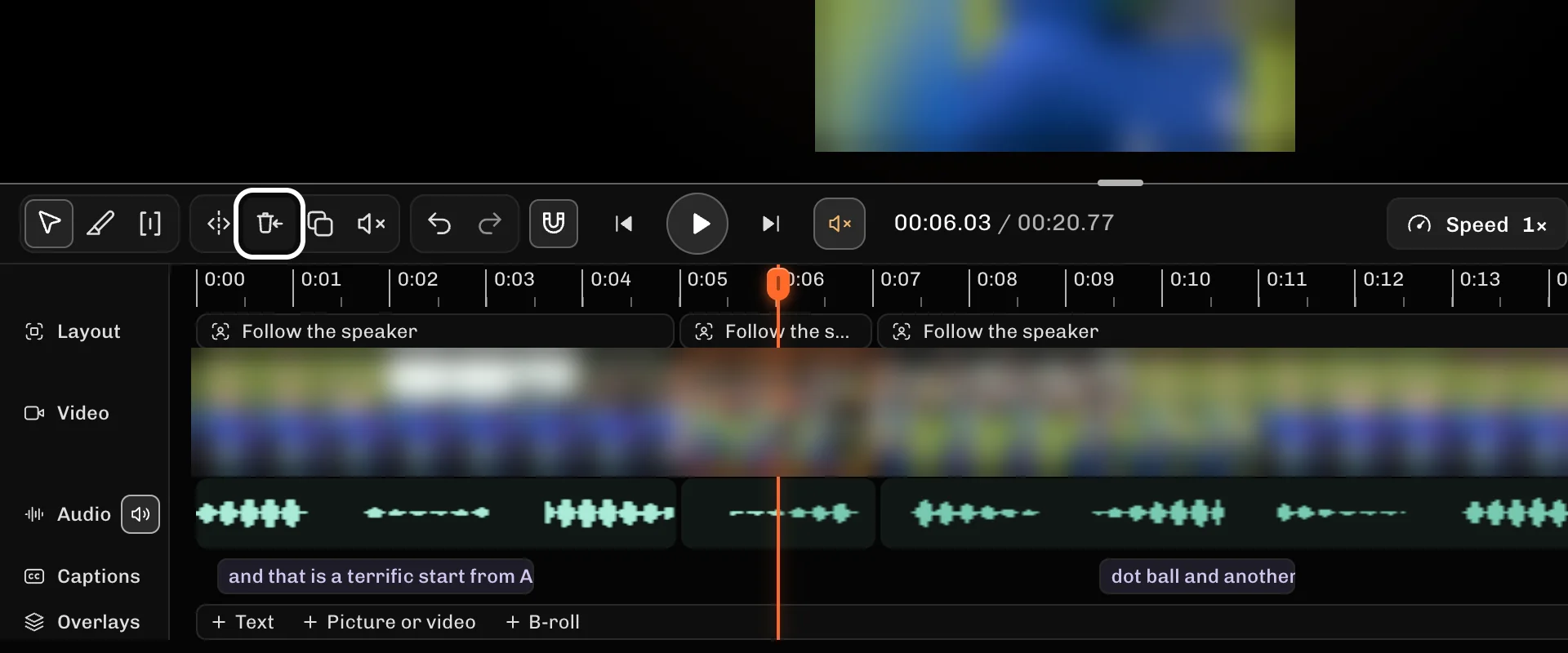 ReelFyre Editor, step 5: Select Ripple delete to remove it and close the gap.
