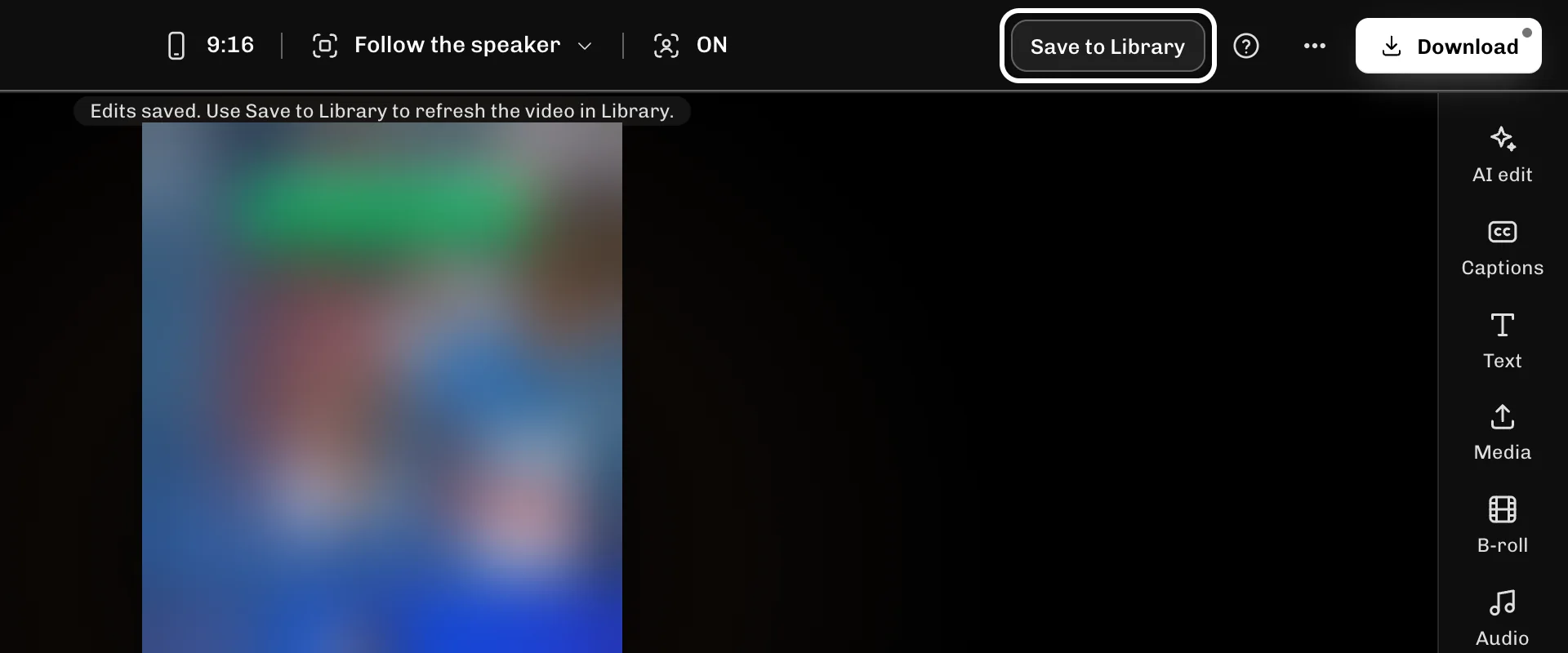 ReelFyre Editor, step 1: Press Save to Library to update the clip in Library with your edit.