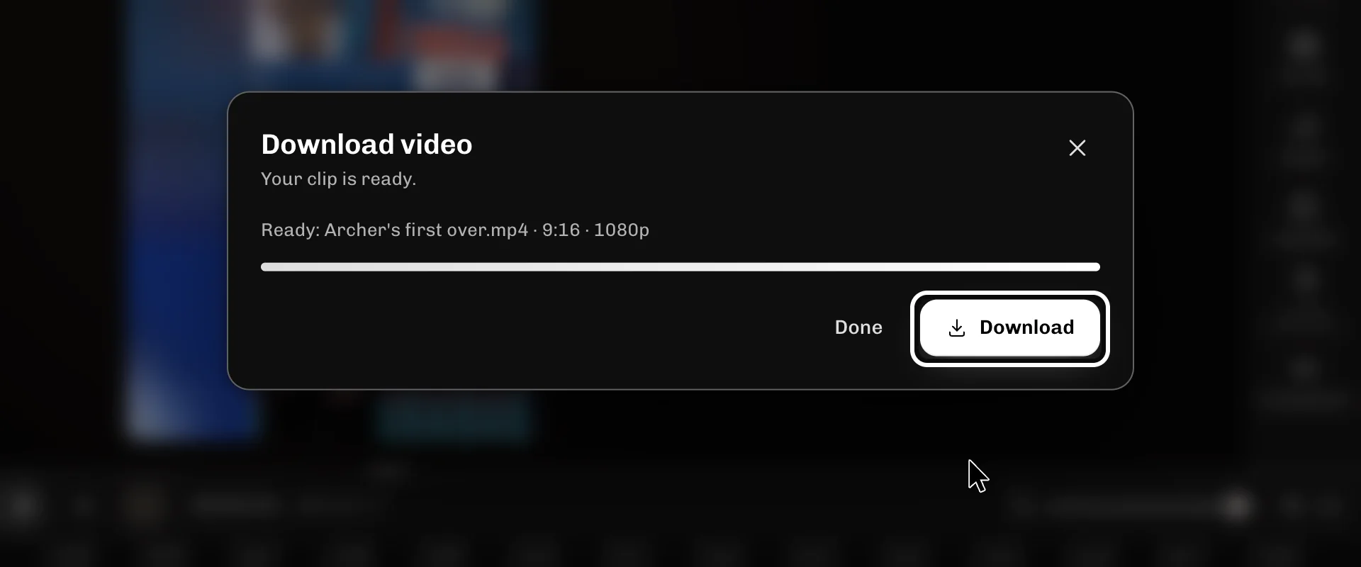 ReelFyre Editor, step 4: Once the box says Ready, select Download to save the file.
