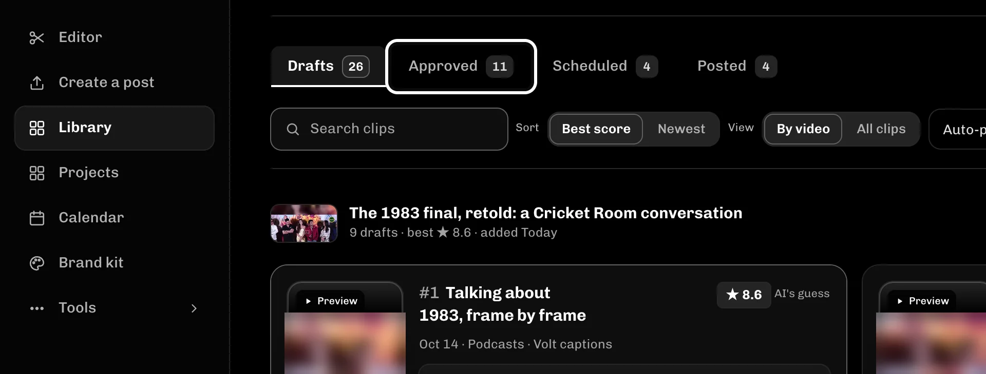 ReelFyre Library, step 4: Select Approved to see the clips you approved.