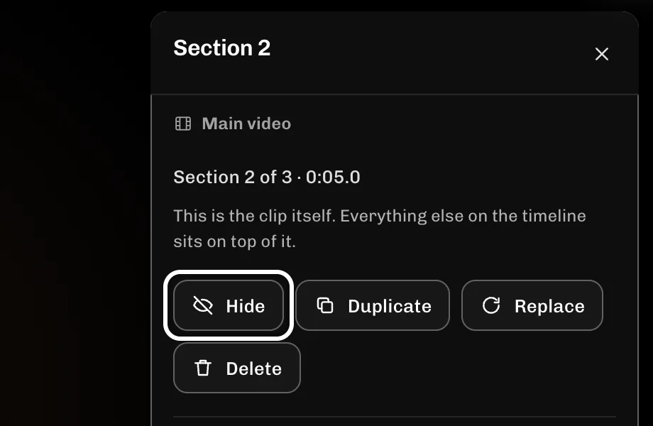 ReelFyre Editor, step 3: Select Hide to leave the section out of your clip.