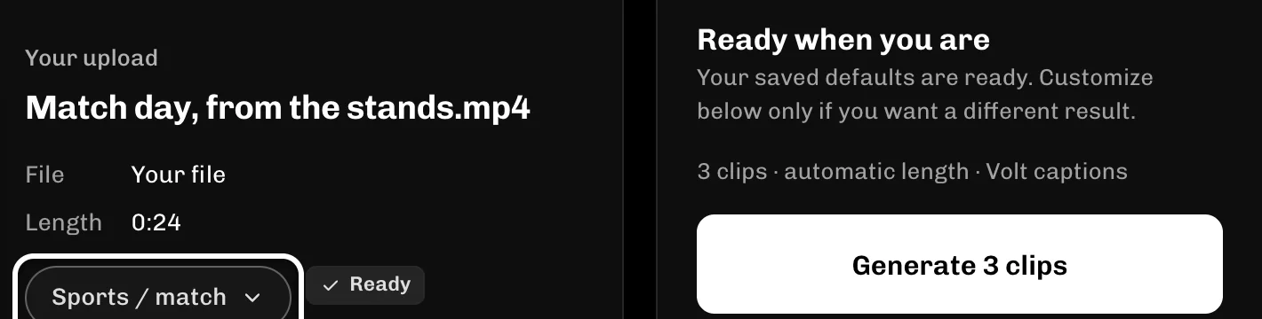 ReelFyre Home, step 2: Check that Sports / match is the right kind of video.