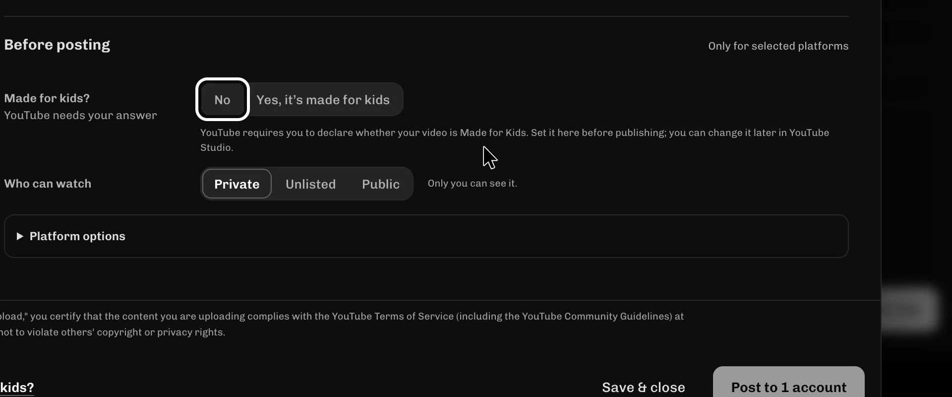 ReelFyre Create a post, step 4: Select No if your clip is not made for kids.