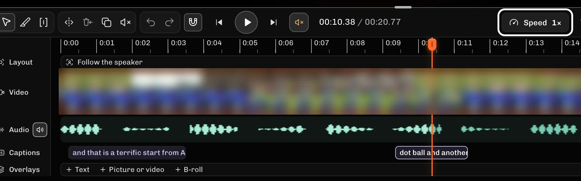 ReelFyre Editor, step 2: Select Speed in the timeline bar.