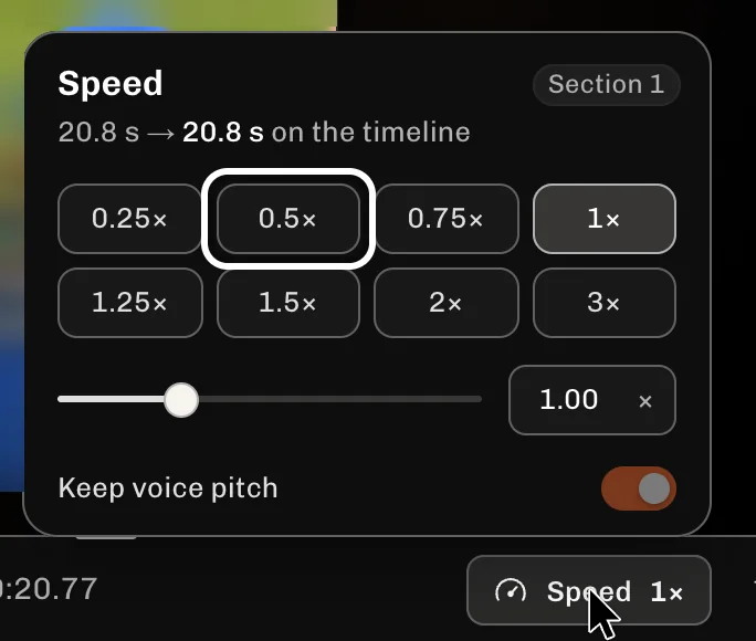 ReelFyre Editor, step 3: Select 0.5× to play the section at half speed.