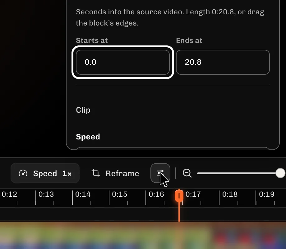 ReelFyre Editor, step 3: In Starts at, enter the second your clip should begin and press Enter.