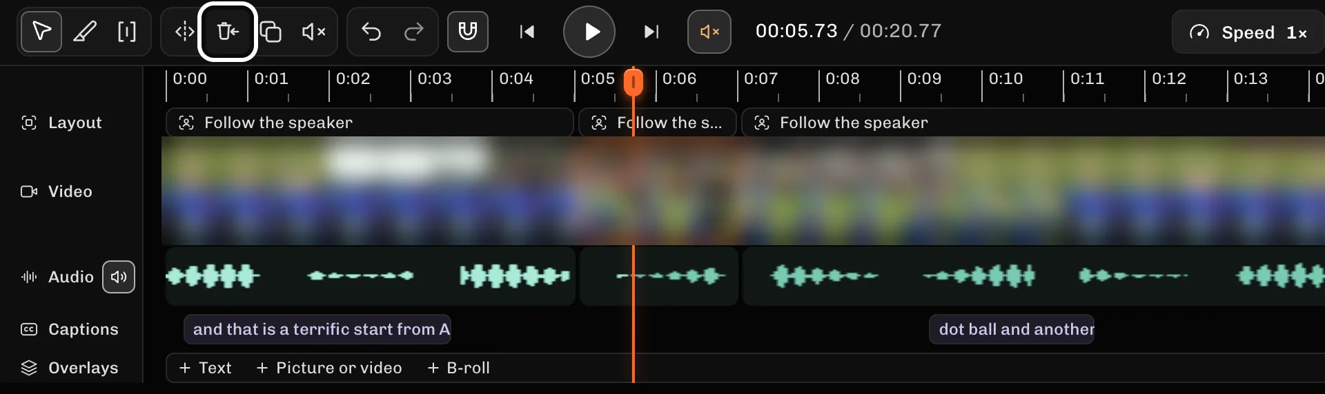 ReelFyre Editor, step 2: Select Ripple delete to remove it.